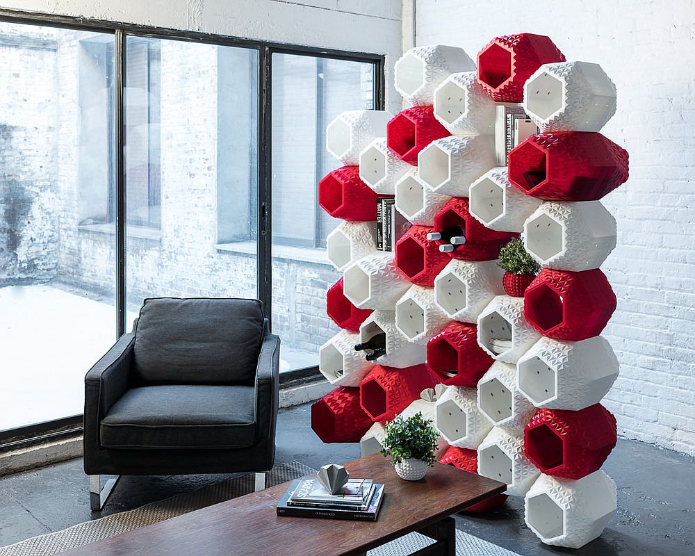 Exquisite modular wall system also acts as a colorful and ingenious room divider