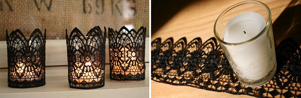 Glass candles wrapped in lace make for cool Halloween decorative pieces