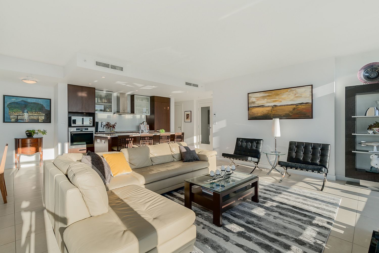 Kitchen. living room and dining area of the luxury Vancouver condo