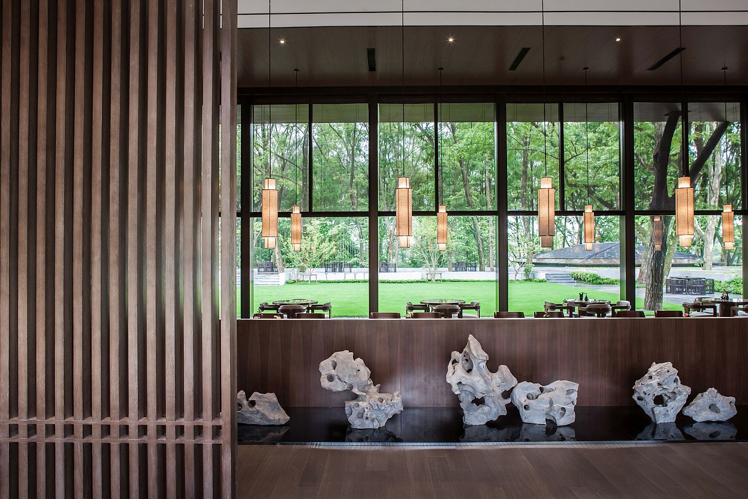 Lantern style lighting and fabulous, natural materials shape the Tea House interior