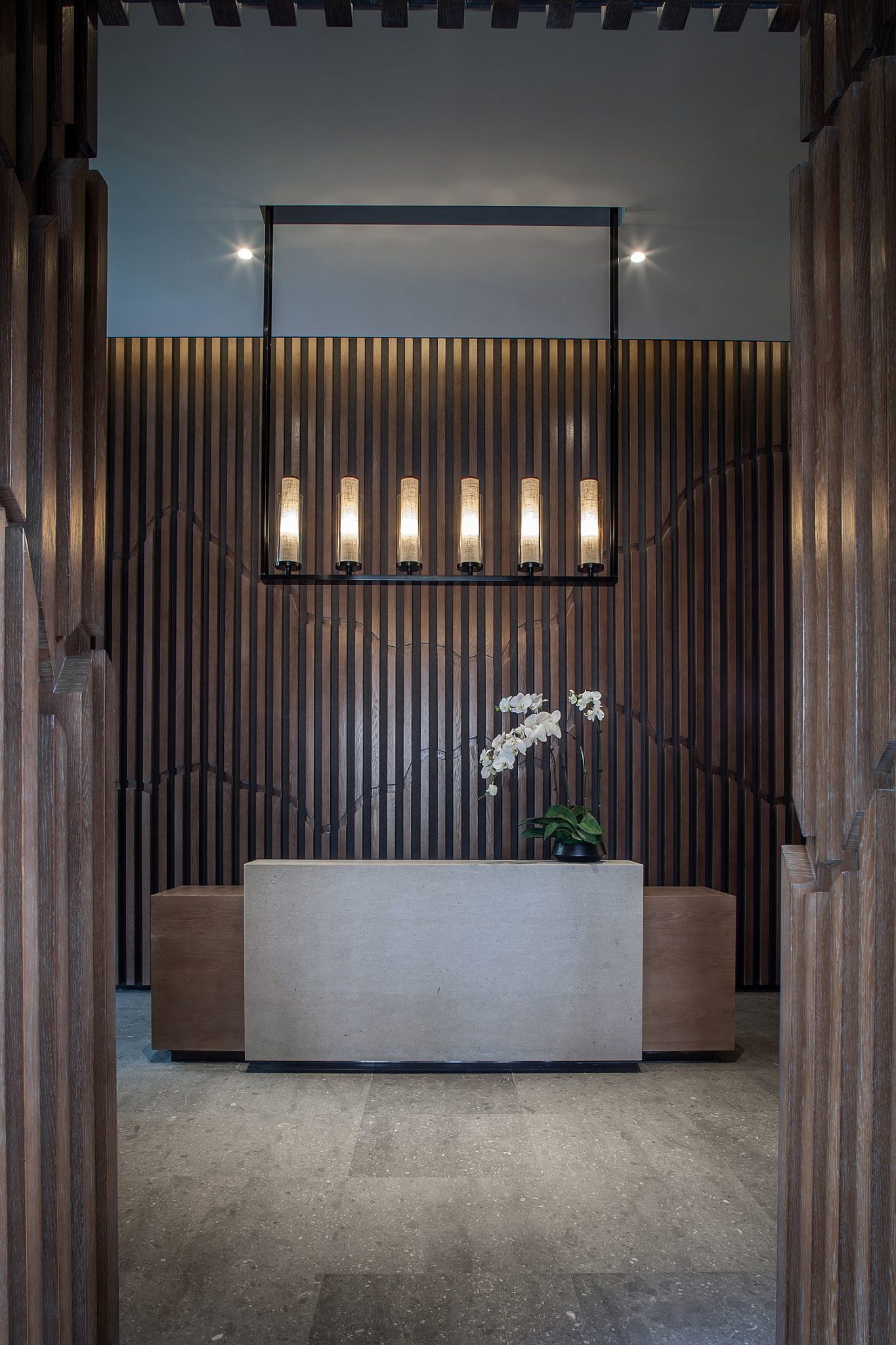 Minimal accessories and modern lighting fixture at the entrance