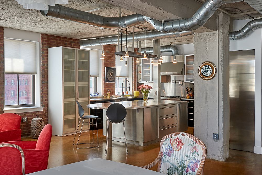 Modern industrial kitchen of revamped apartment in Mather Building