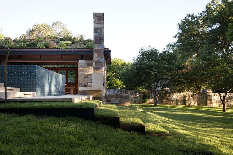 Steps draped in green add to the eco-friendly design of the poolhouse in Texas