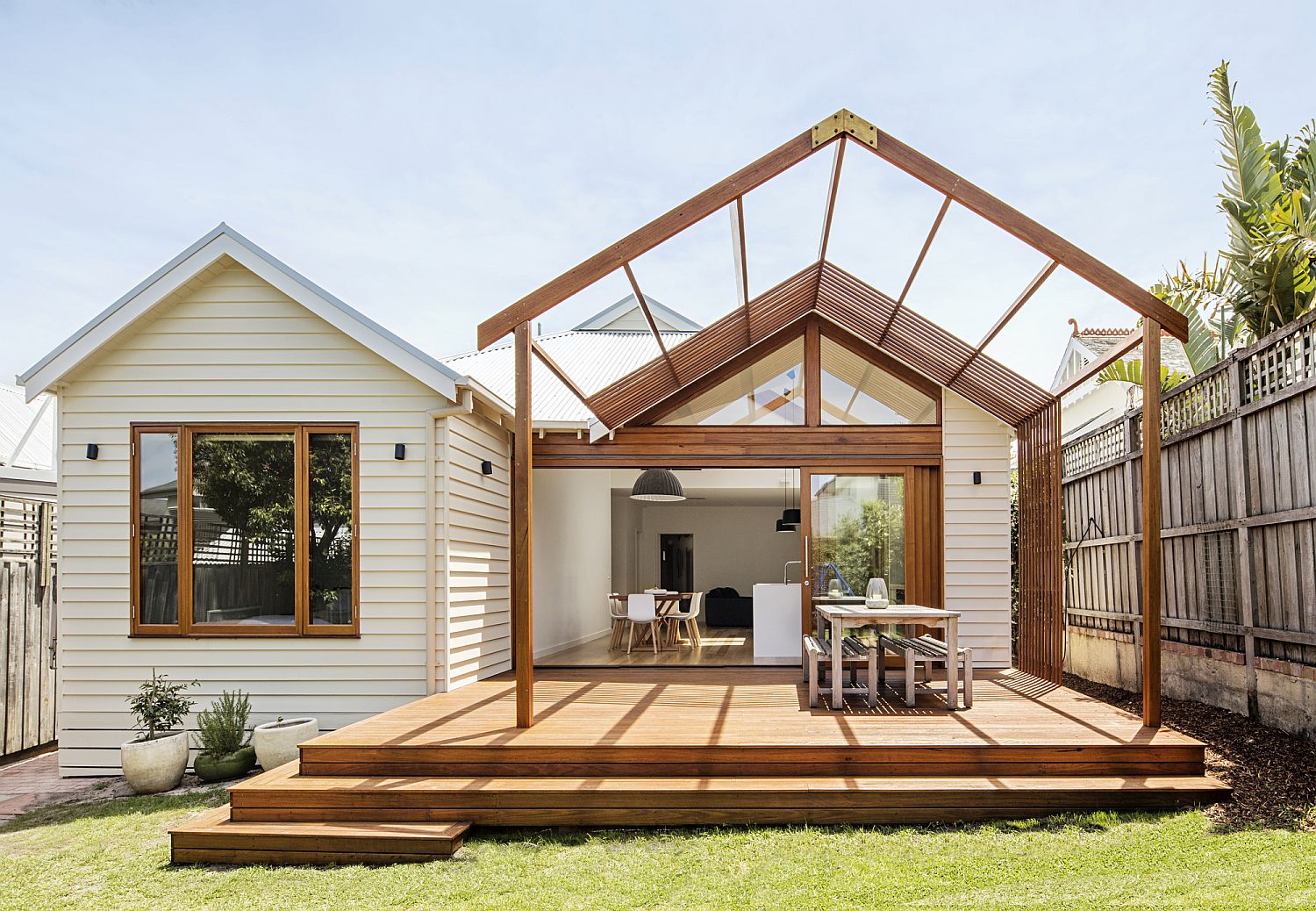 Timber and glass pergola structure at the rear of the Aussie home