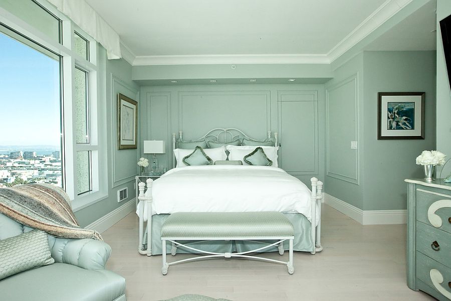 Transitional bedroom in pastel green with monochromatic look