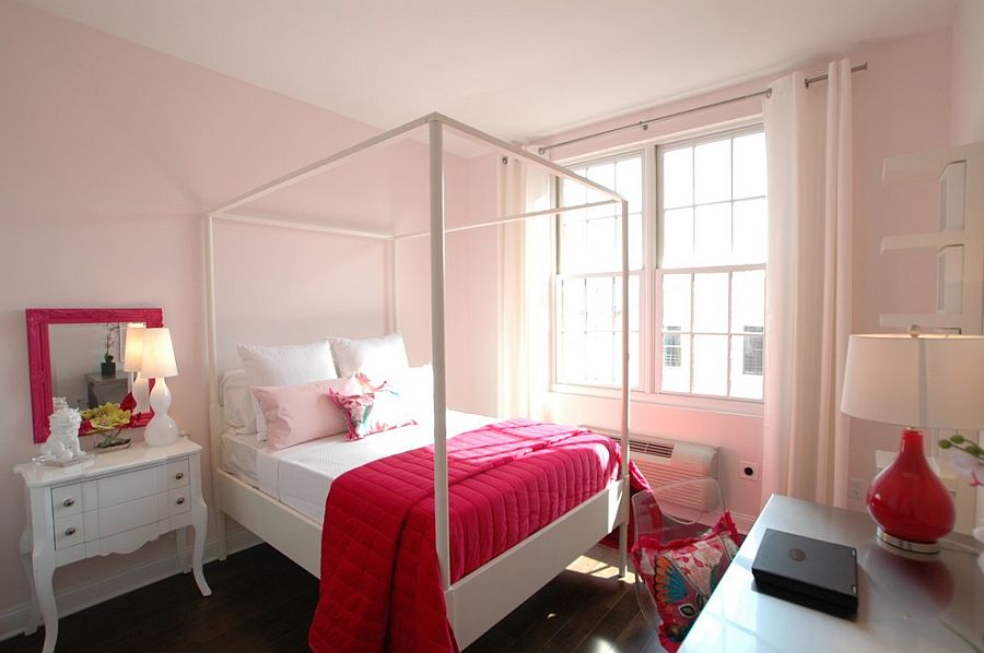 Well-lit pink bedroom combines hot pinks with pastel hues