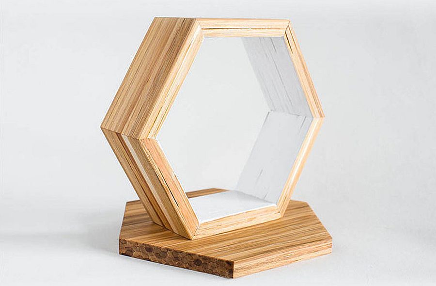 A closer look at the hexagonal shelves made from chopsticks