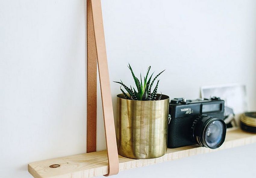 Closer look at the DIY wood and leather shelf