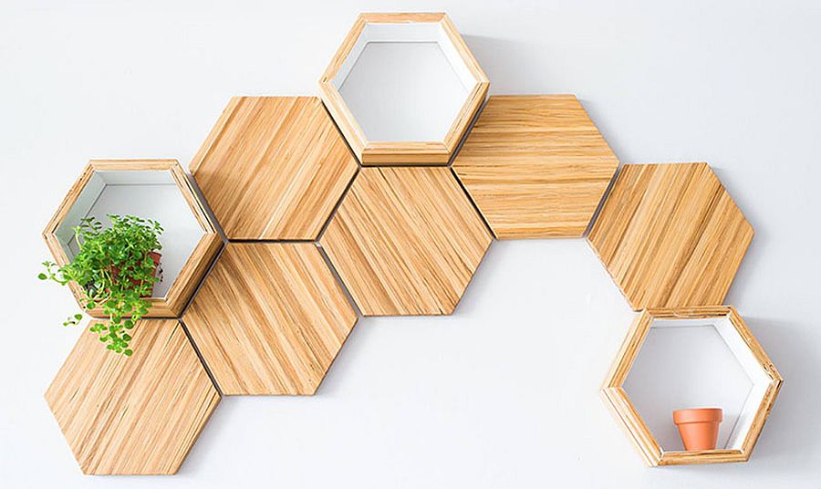 Contemporary honeycomb wood shelves crafted from recycled chopsticks