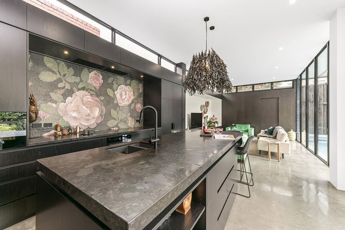 Dark kitchen and contemporary living is both aesthetic and ergonomic