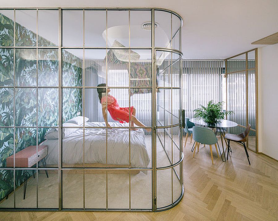 Gorgeous curved glass walls for the contemporary bedroom inside small apartment