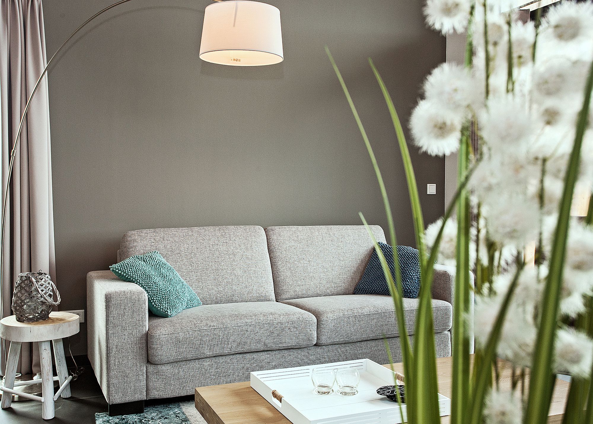 Gray living room with comfy couch and modern decor