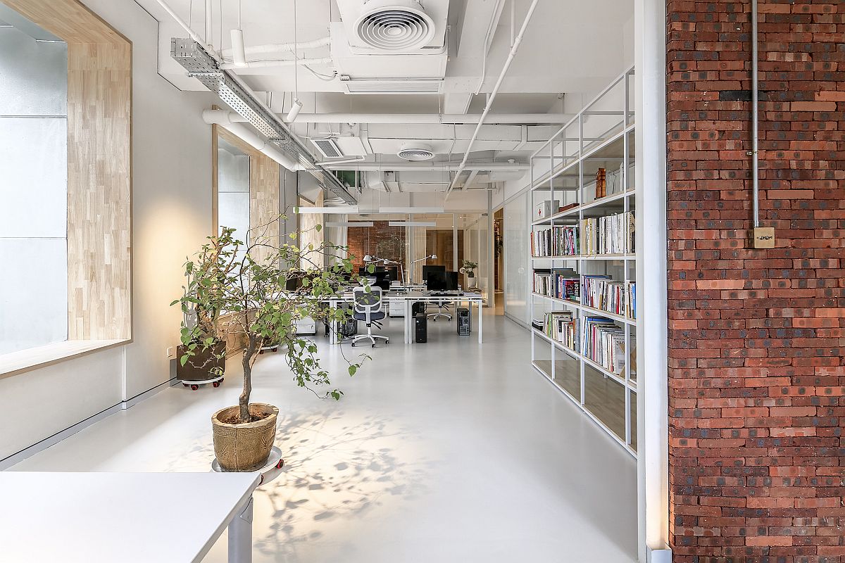 Large indoor plants, a world of white and natural light create a lovely office