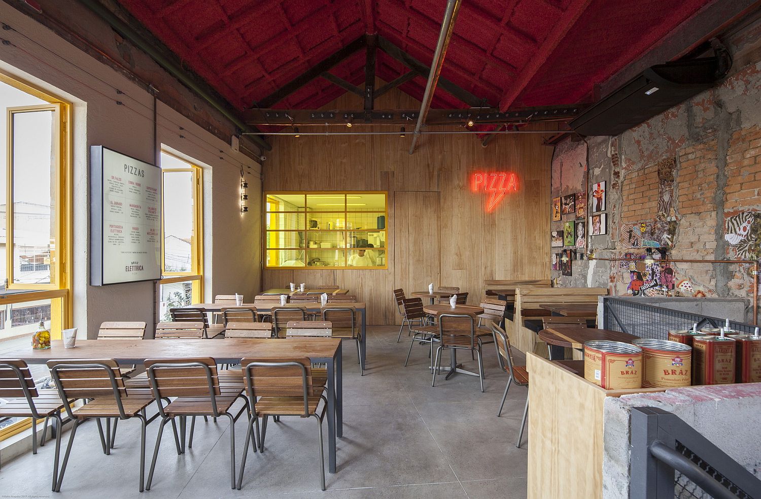 Light-filled and brilliant interior of the pizza house with plenty of color