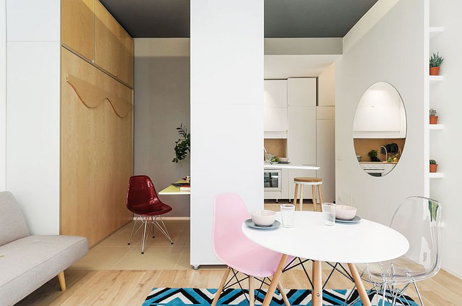 Movable wall inside the apartment with folding desks offers multiple design possibilties 2