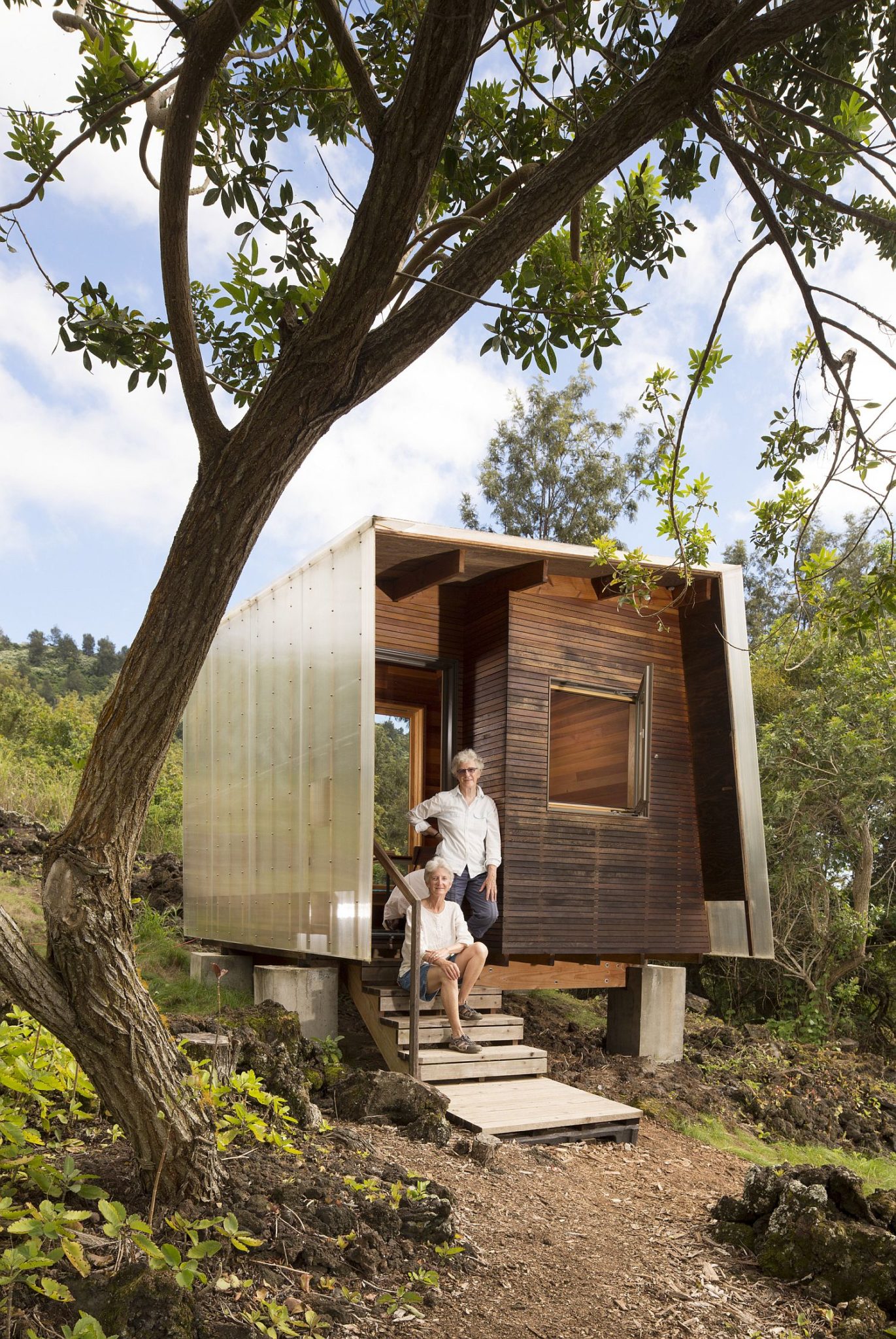 Polycarbonate sheathing covers the exterior of the cabin