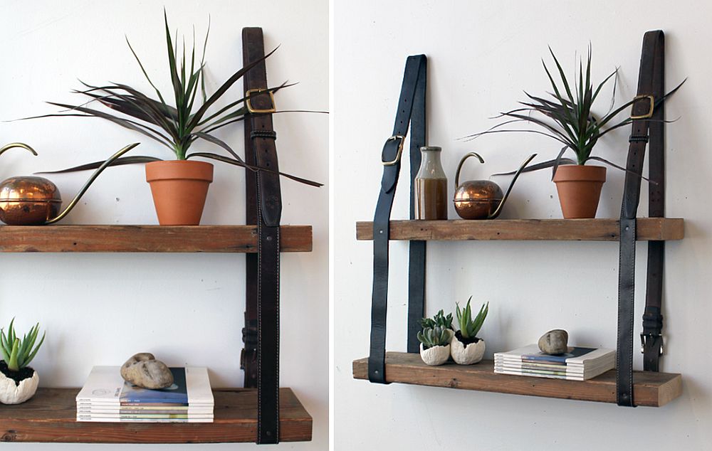 Recycled leather and wood hanging shelf