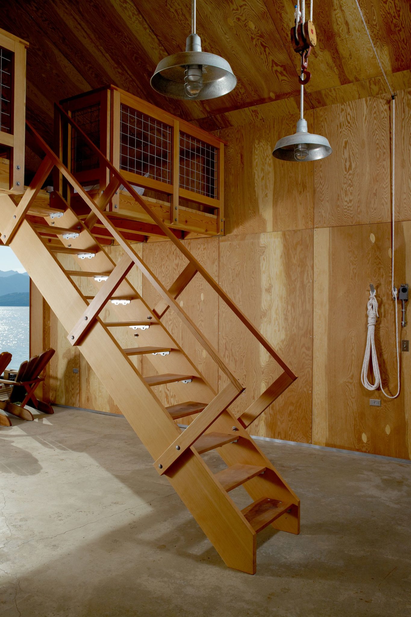 Retractable ladder for the attic bedroom inside the Boat House