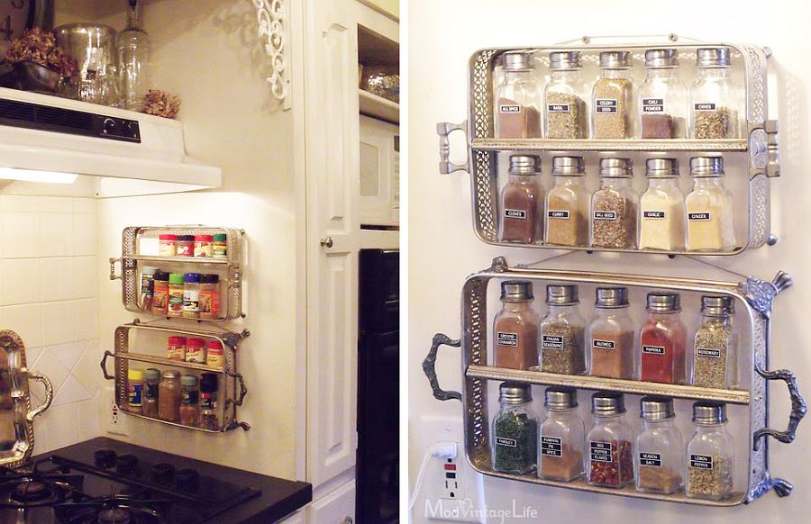 Silver-plated-casserole-trays-turned-into-kitchen-spice-racks