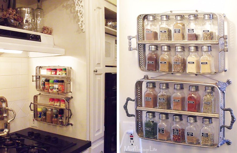 Silver plated casserole trays turned into kitchen spice racks