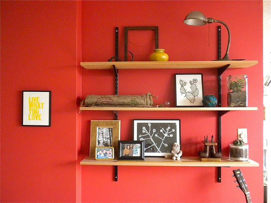 Simple wooden plank corner shelves are easy to craft and install