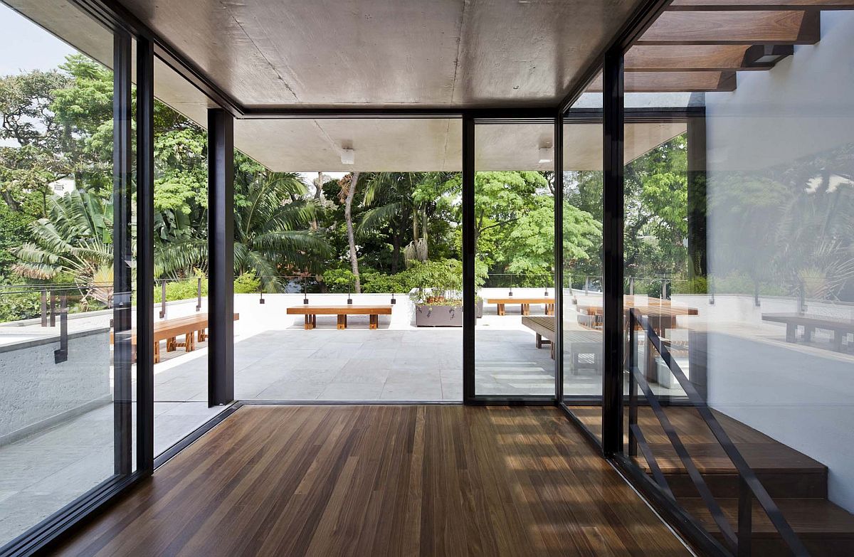 Sliding glass doors on the top level with deck outside