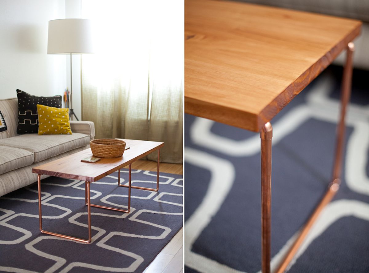 Slim coffee table with copper pipe base