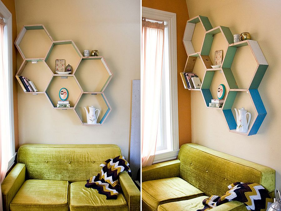 Prateleiras de parede hexagonais modernas e estéticas projecto DIY