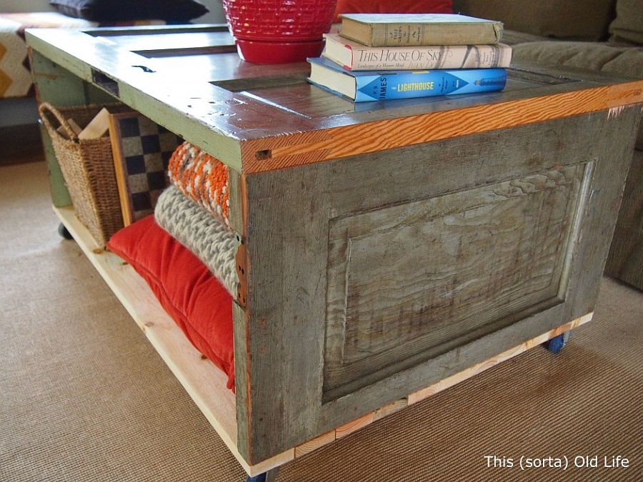 Turning-an-old-door-into-coffee-table-on-wheels