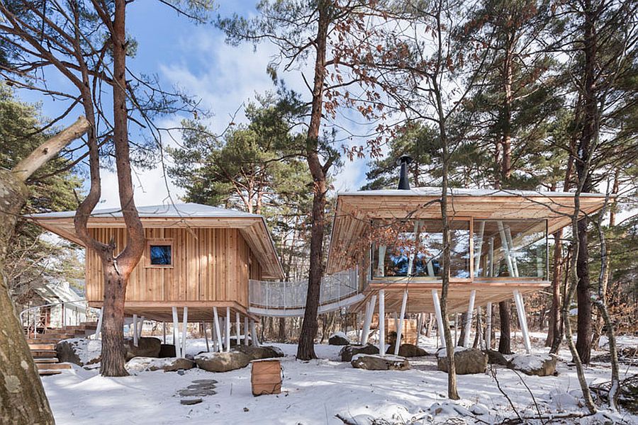 Two units of the vacation home connected by a bridge