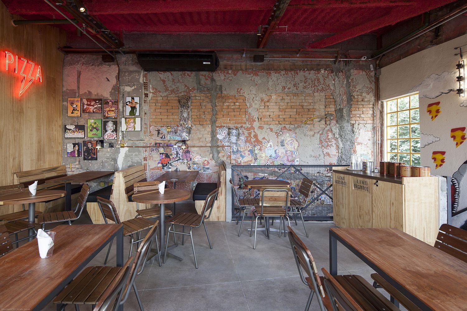 Walls of the interior with exposed brick wall sections and distressed finish