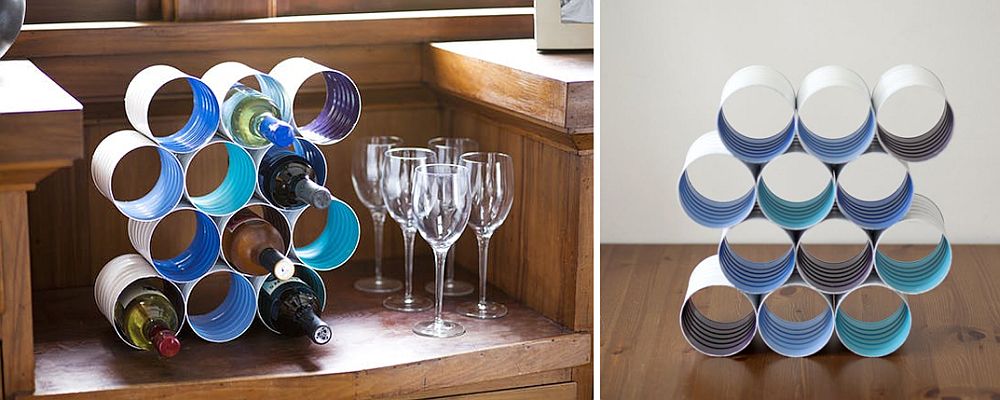 Wine rack crafted from old coffee cans