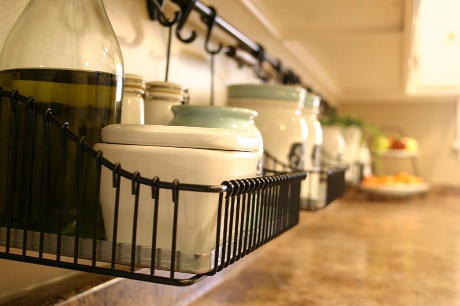 Wiry DIY shelves above the kitchen counter create an organized kitchen