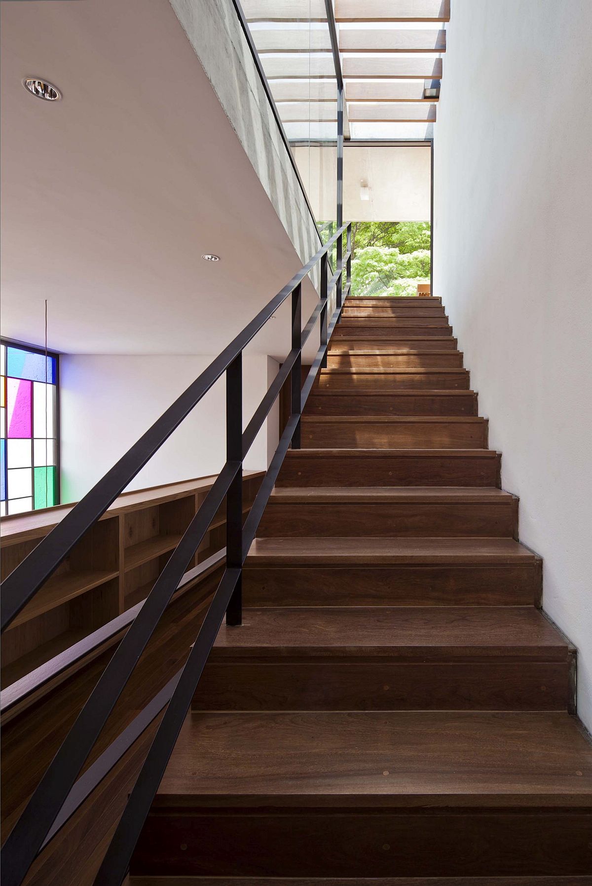 Wooden staircase leading to the top level