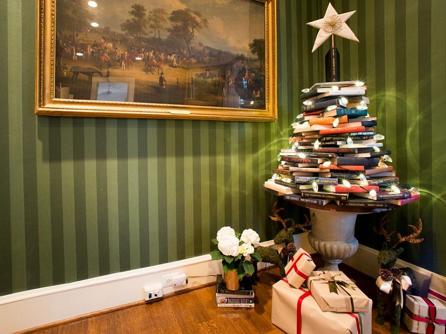 A pile of books and string lights can make a beautiful Christmas tree!