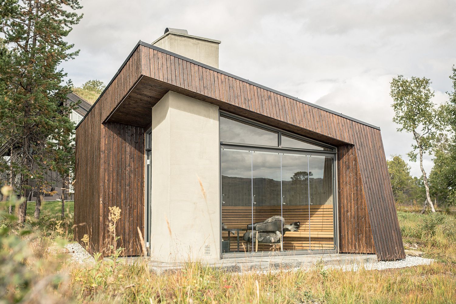 Angled exterior walls and roof of the cabin