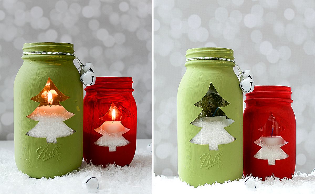 Christmas tree mason jar votive is bright and beautiful