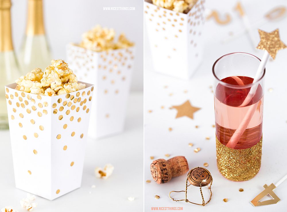 DIY popcorn boxes and glasses with golden glint