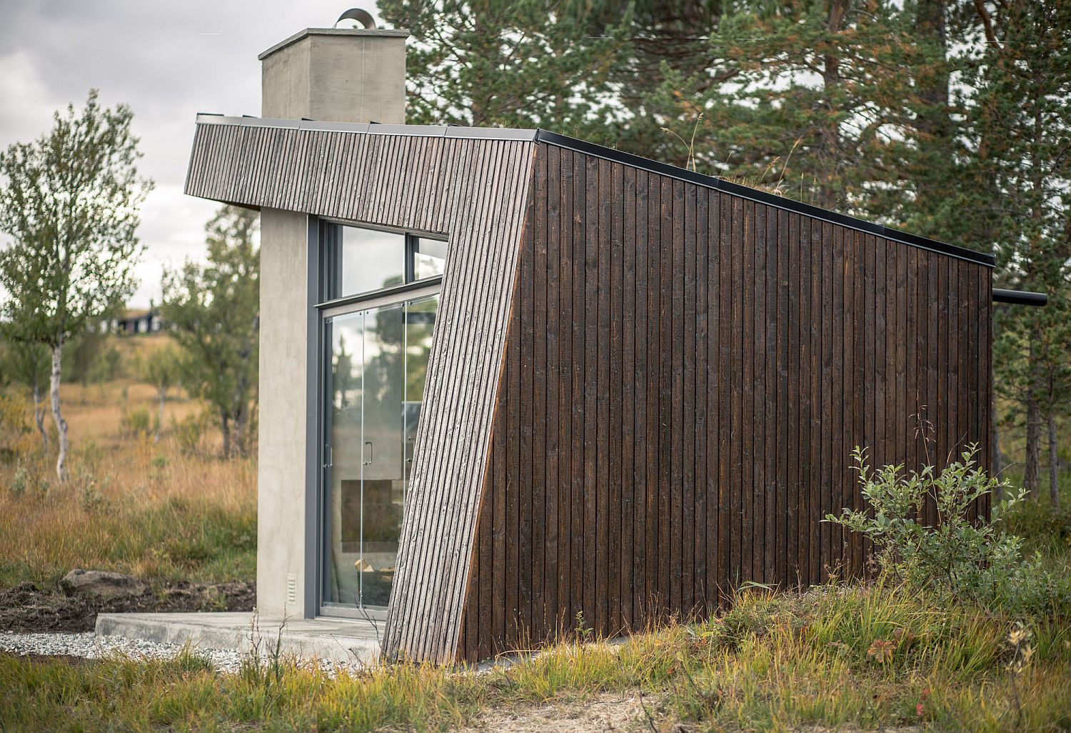 Dark-brown-stained-wood-exterior-of-the-cabin-in-woods