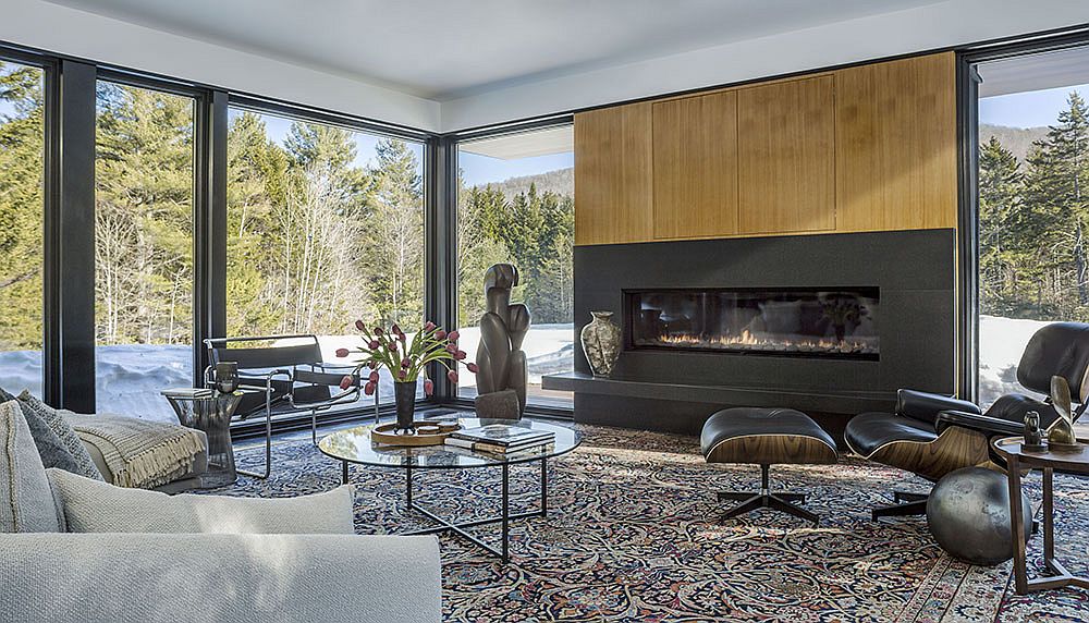 Fabulous fireplace in the living room becomes the focal point along with the view outside