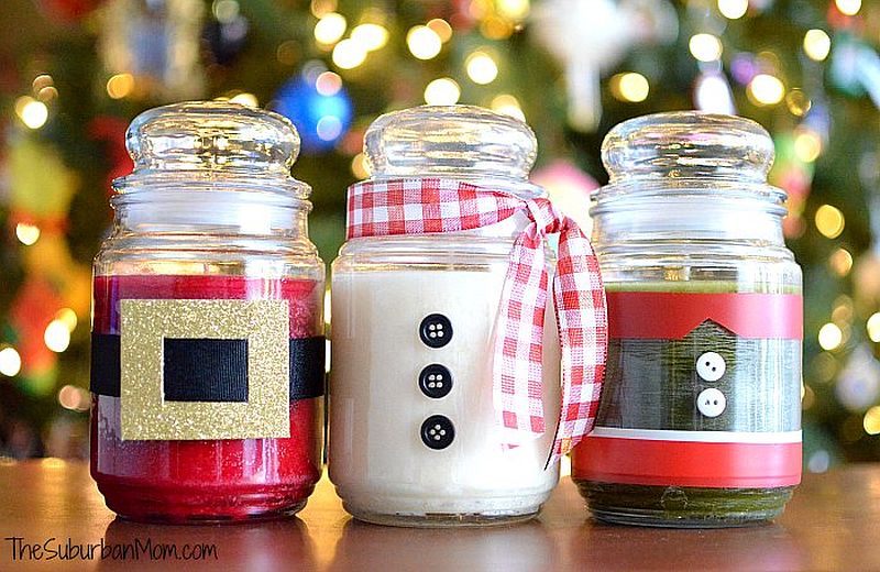 Festive DIY Christmas Jar Candles crafted using tape, ribbons and a few buttons