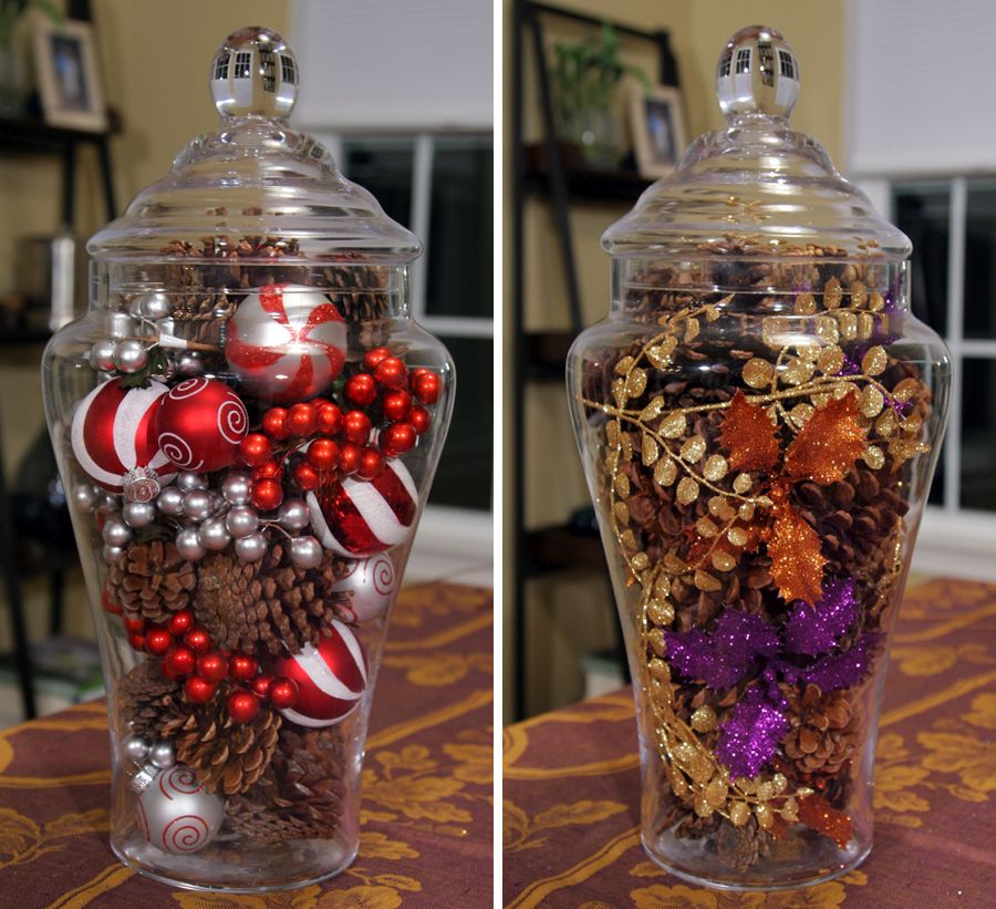 Glass-jar-filled-with-Christmas-ornaments-makes-for-easy-Holiday-decor