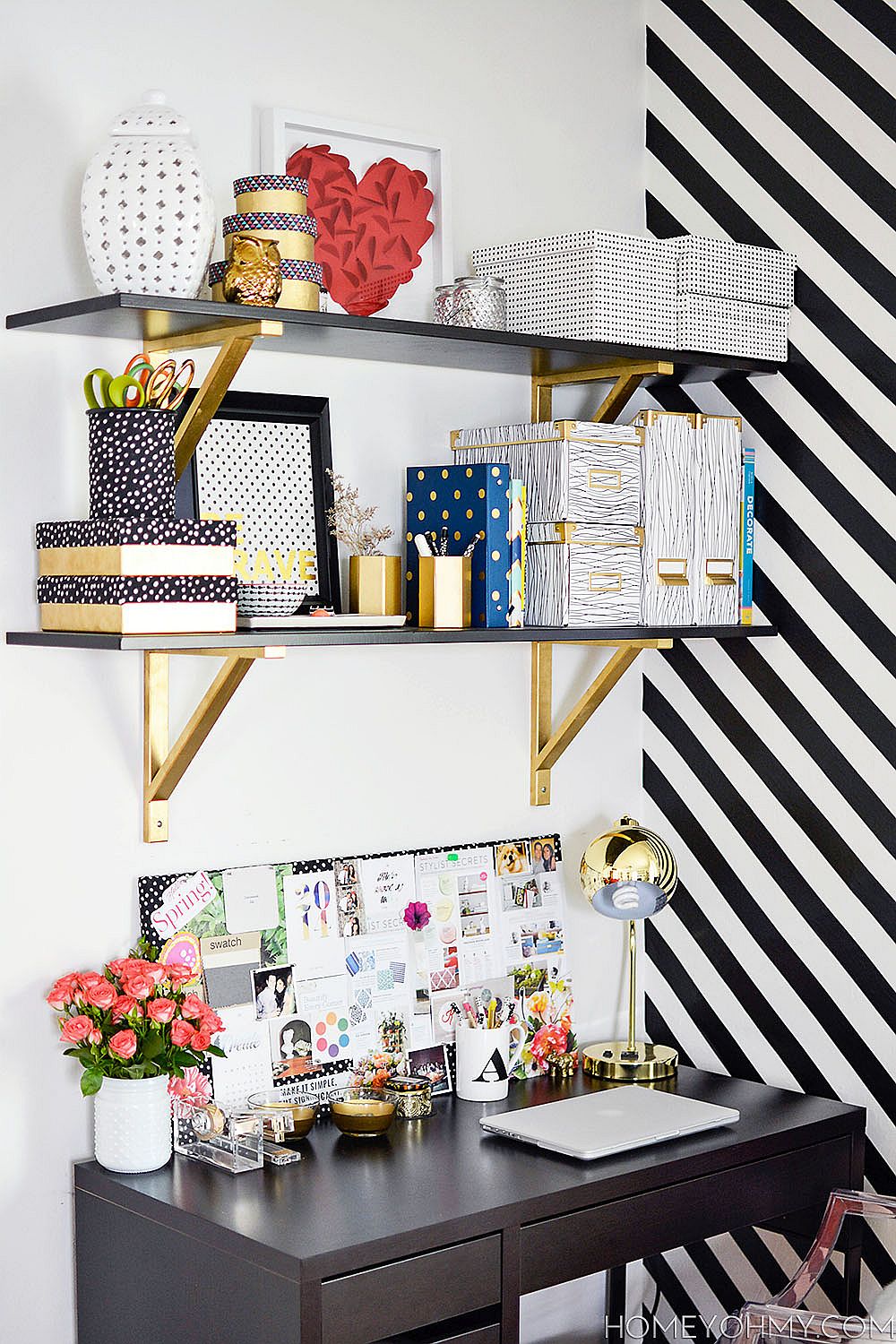 Gold-spray-paint-transforms-the-mundane-home-office-shelf