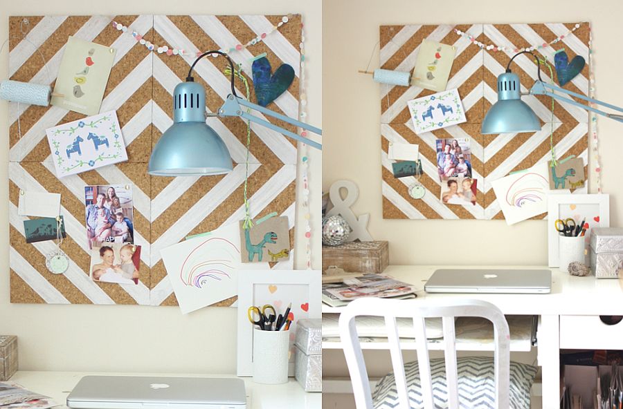 Homemade painted cork-tile pinboard for the home office