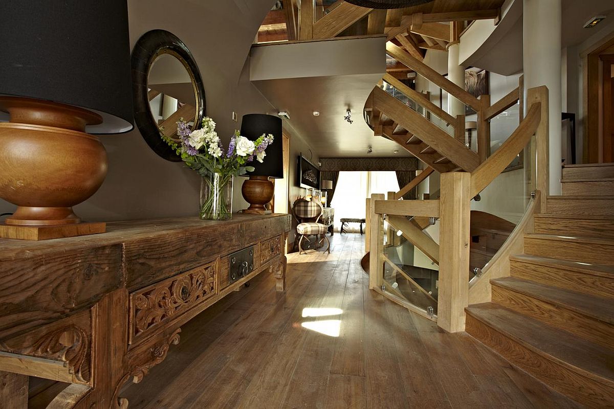 Luxurious and beautiful interior of the Alpine chalet with unique stairways