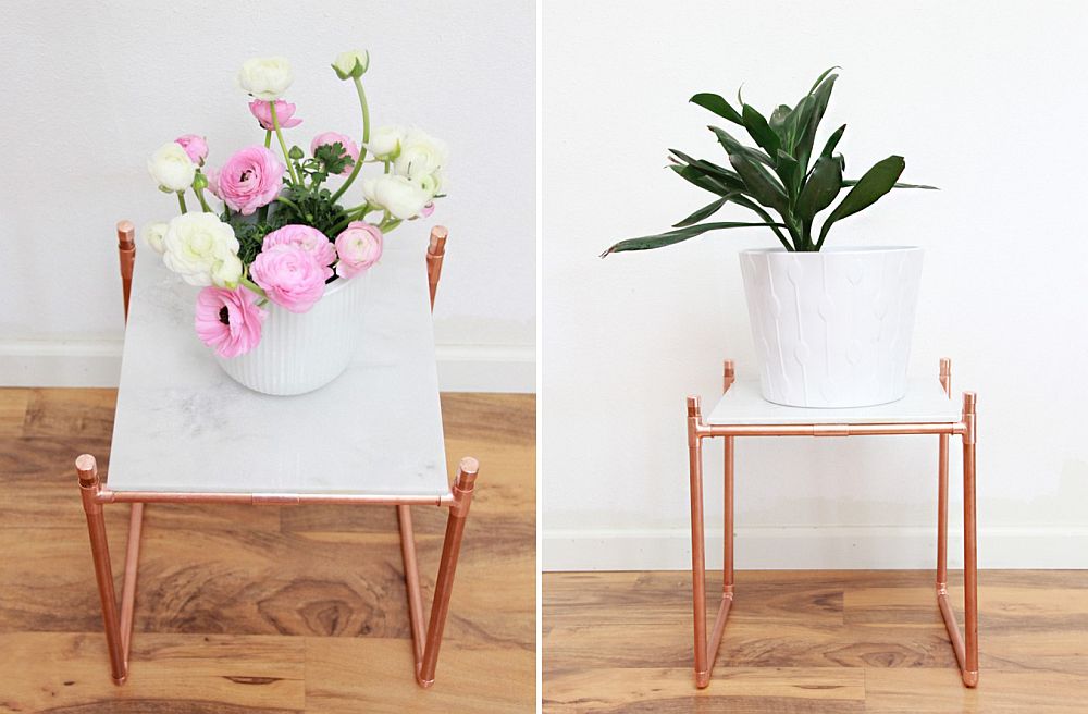 Modern-copper-pipe-and-marble-DIY-plant-stand-also-doubles-as-side-table