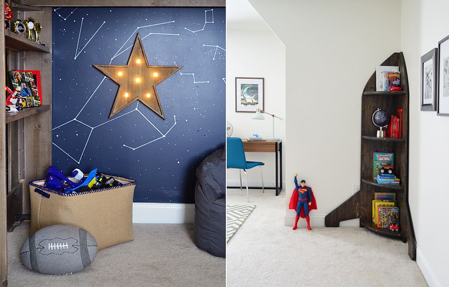 Modern space-themed kids&#039; bedroom with homemade decor and decals
