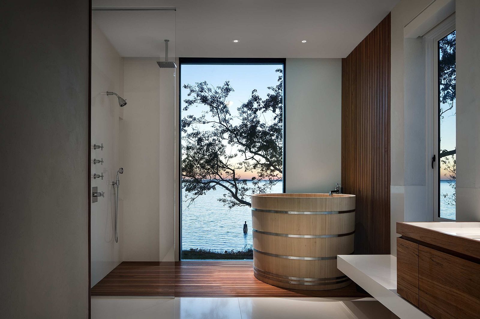 Relaxing bathroom on the top level of the Shore House with Bay views