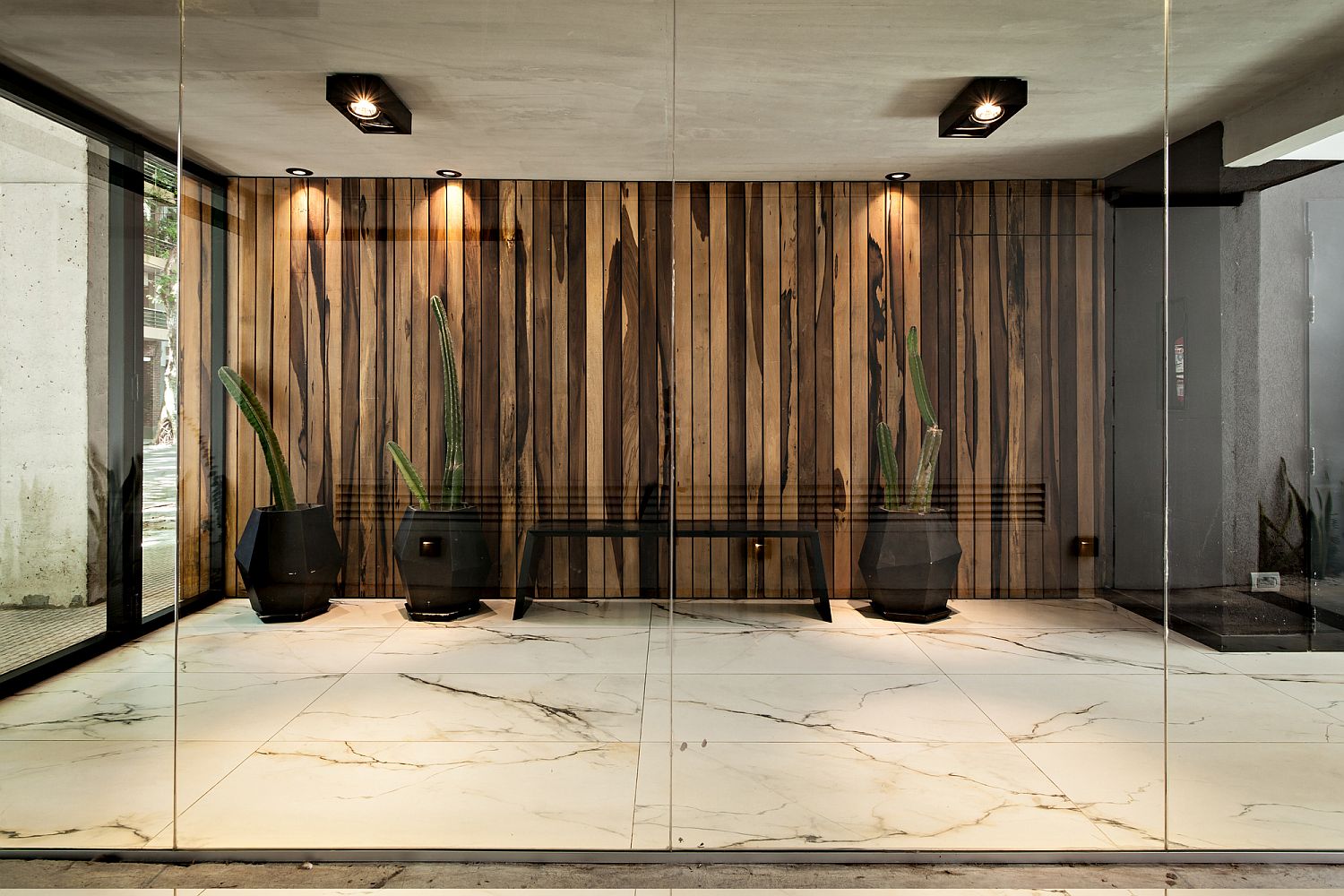 Solid wood panels are a feature throughout the apartment building