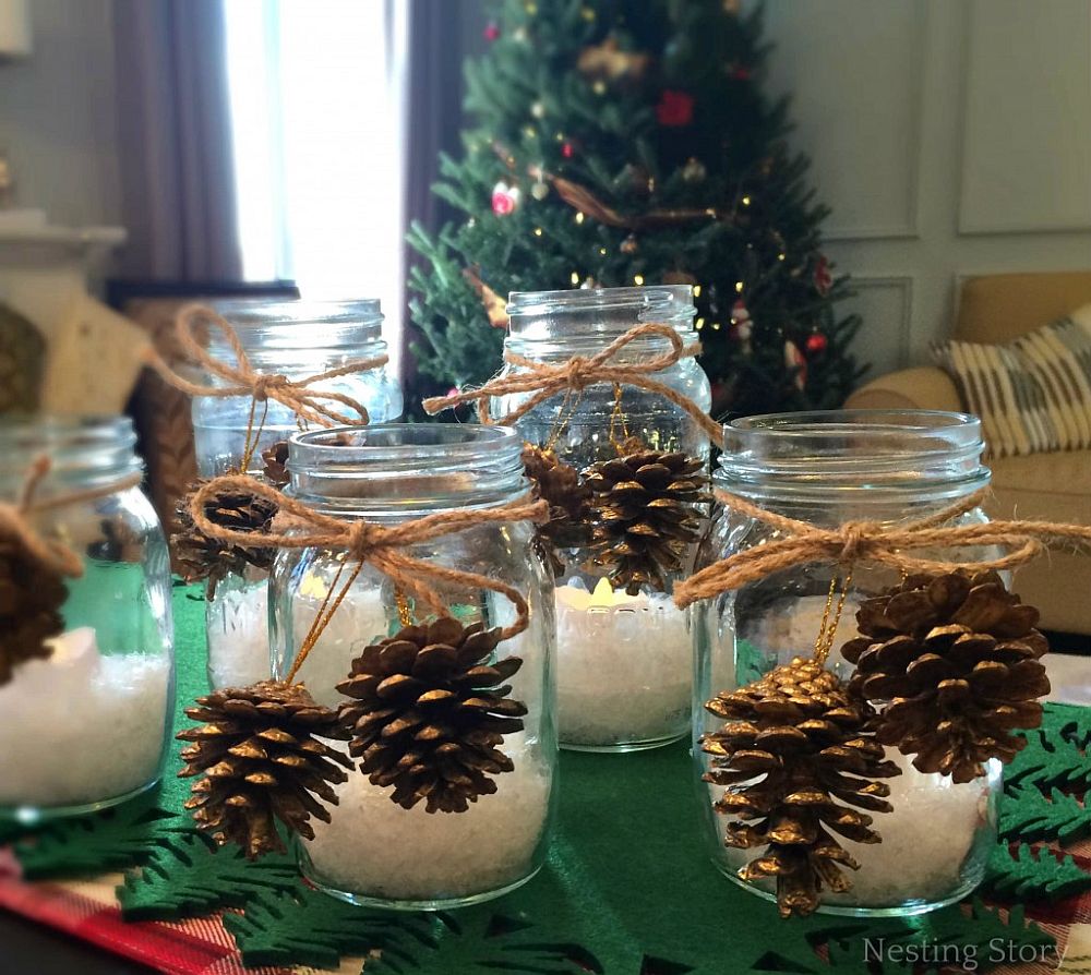 Mason jar Christmas candles with pine cone ornaments